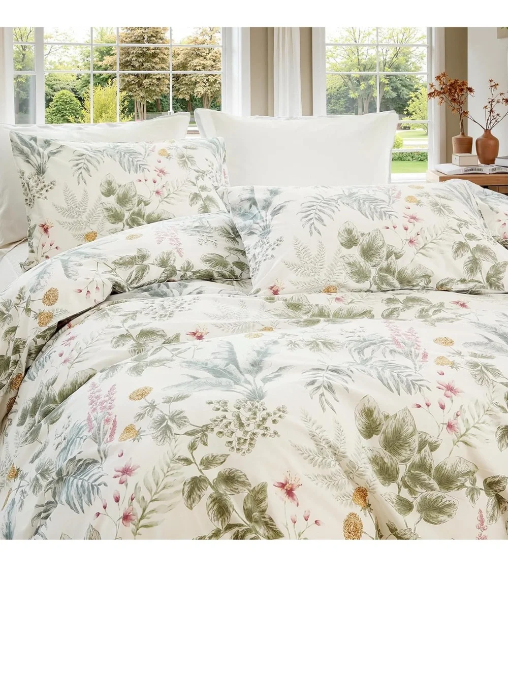 100% Cotton Duvet Cover Queen Size Sage Green Floral Duvet Set Reversible